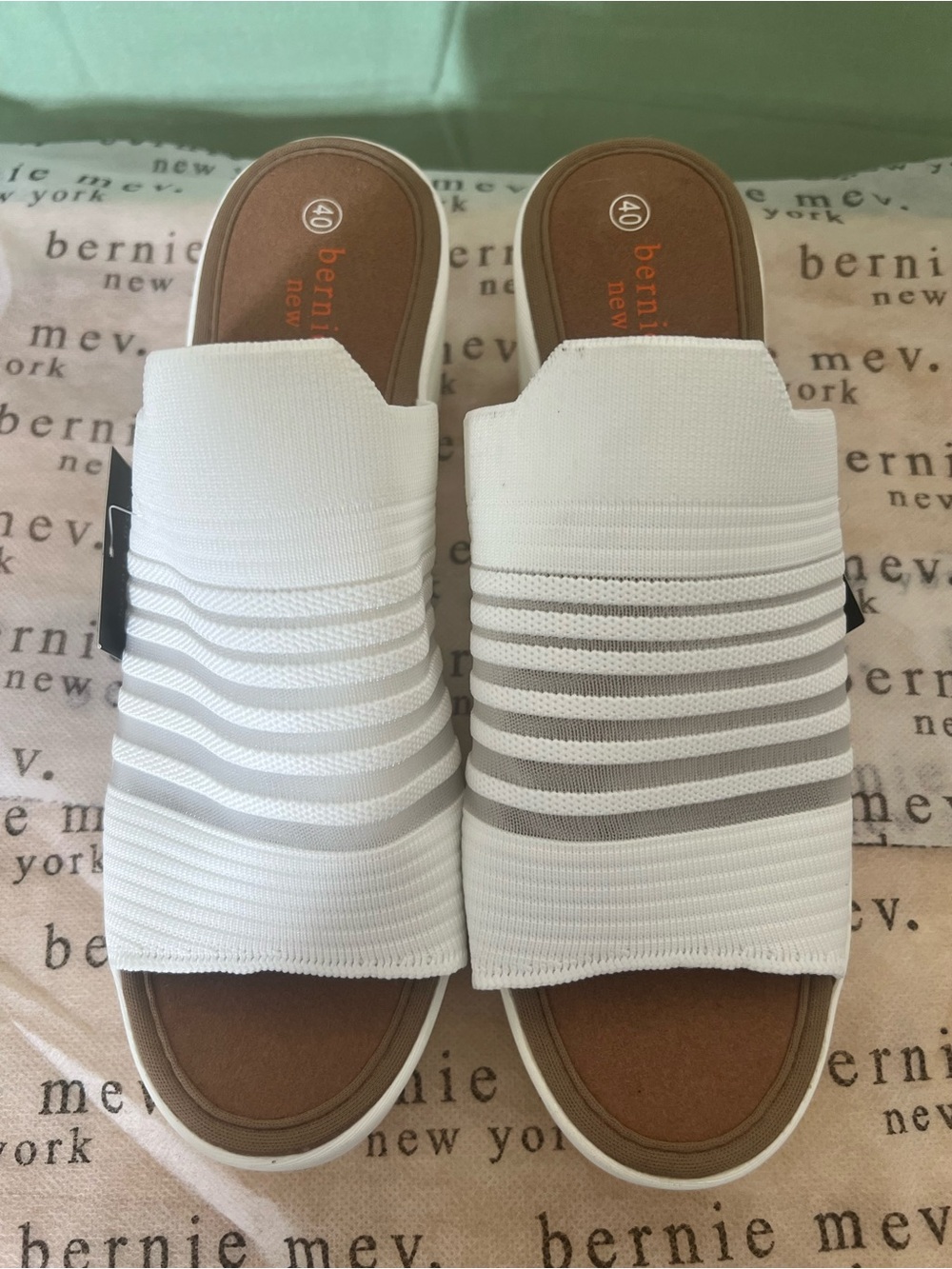 bernie mev. White Knit Slide Mules with Gray Stripes